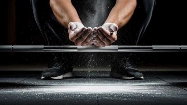 Weightlifter Applying Chalk to Hands Before Barbell Lift