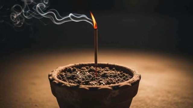 Single Burning Incense Stick with Smoke in Dark Setting