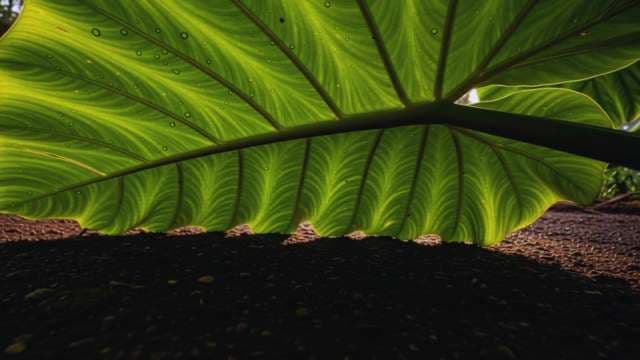 Close-up of Large Vibrant Green Leaf with Translucent Sunlight