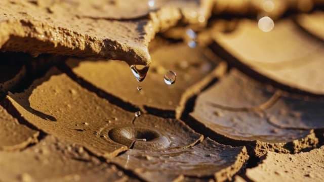 Water Droplets Falling on Dry Cracked Soil Macro
