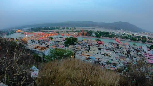Aerial Evening View of Haridwar and Ganges River Bridges