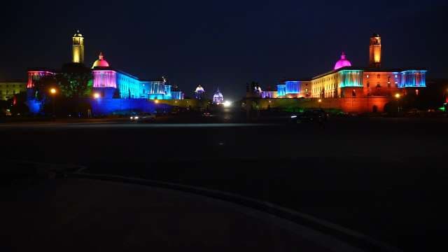 Illuminated Rashtrapati Bhavan and Secretariat Buildings at Night in New Delhi