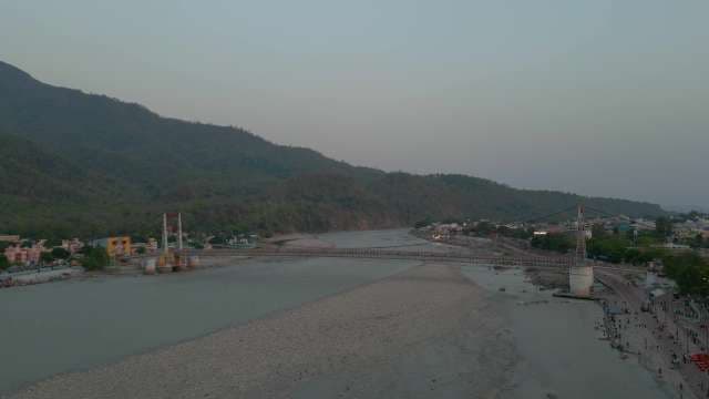 Aerial View of Ram Jhula Bridge and Ganges River in Rishikesh