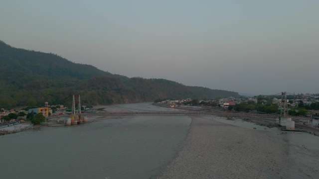 Aerial View of Rishikesh Suspension Bridge and Ganges River India