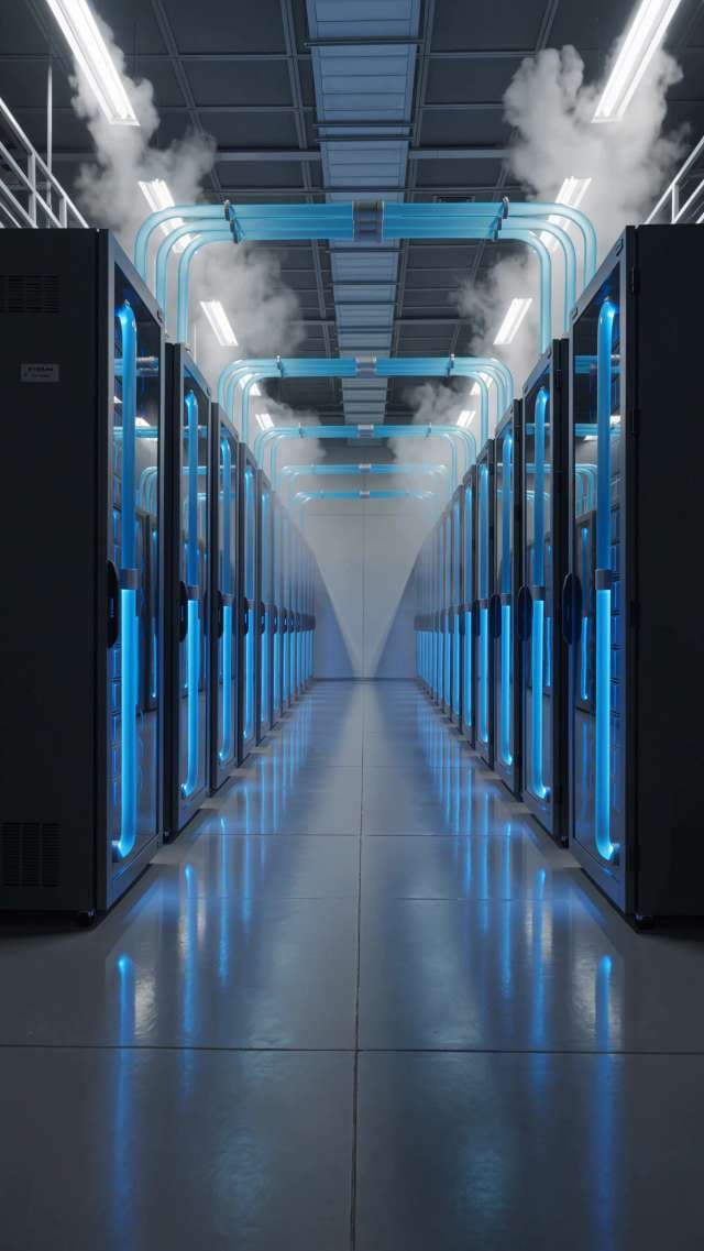 Futuristic Data Center with Blue Liquid Cooling Pipes