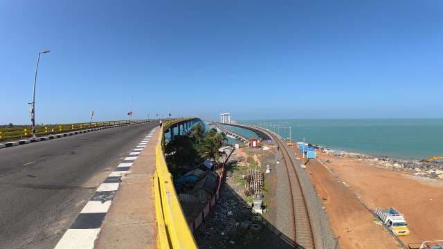 Pamban Bridge Scenic Road and Railway Over Sea in Rameshwaram