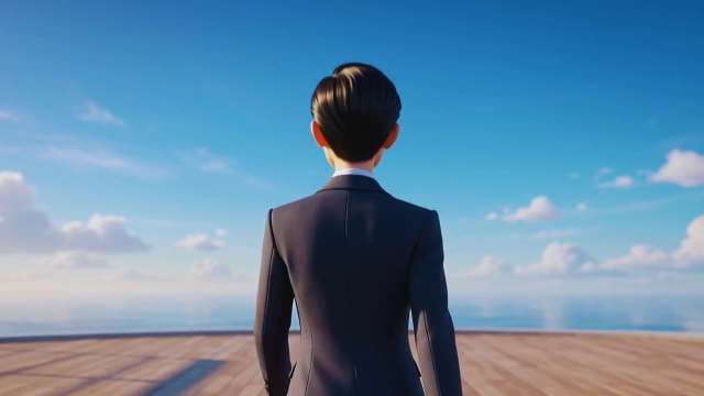 3D Animated Businessman Gazing at Ocean Horizon