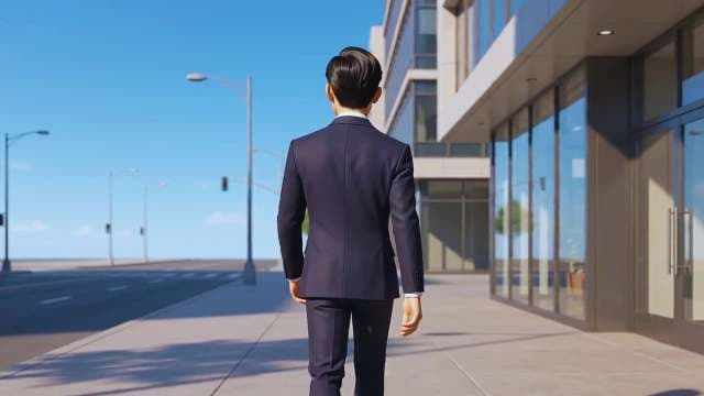 Businessman in Suit Walking on City Sidewalk Near Office Building