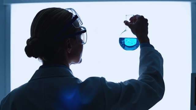Scientist Examining Blue Chemical Liquid in Laboratory Flask Silhouette