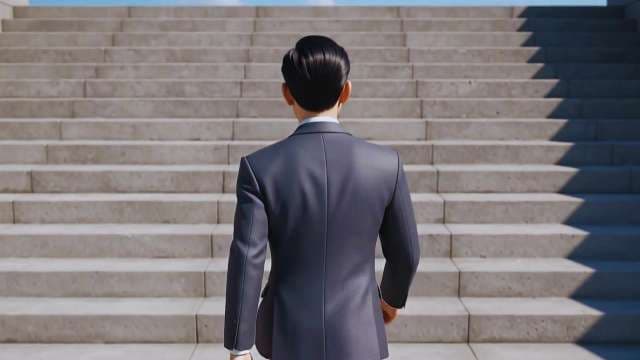 Businessman in Suit at Base of Stairs for Career Success