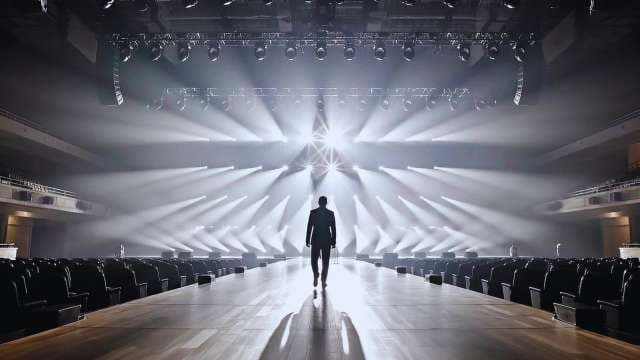Professional Speaker Walking onto Dramatic Stage with Spotlights