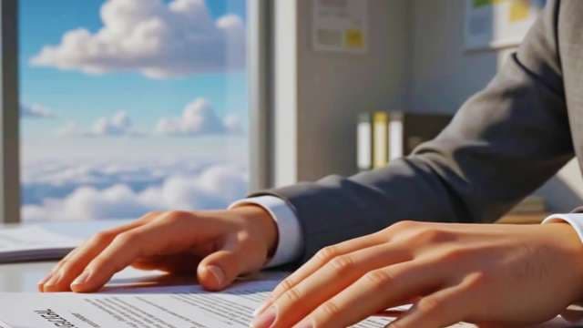 Businessman Reviewing Documents in High-Altitude Office Above Clouds