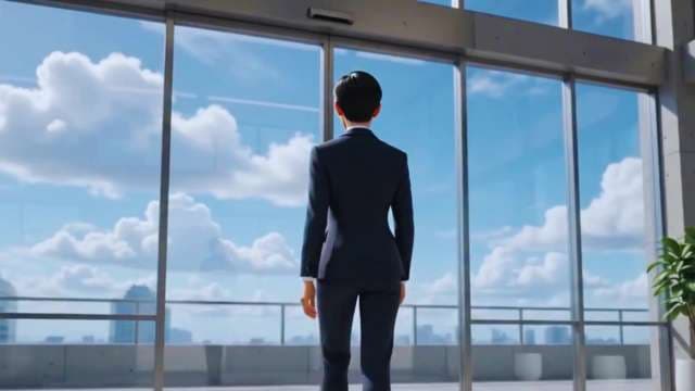 Businesswoman Gazing at City Skyline from High-Rise Office Window