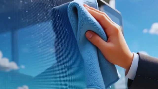 Professional Hand Cleaning Digital Screen with Blue Microfiber Cloth