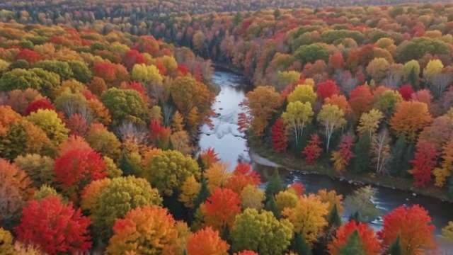 Aerial Shot of Vibrant Autumn Forest and Winding River
