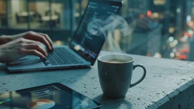 Remote Professional Working Late at Night with Coffee and Laptop