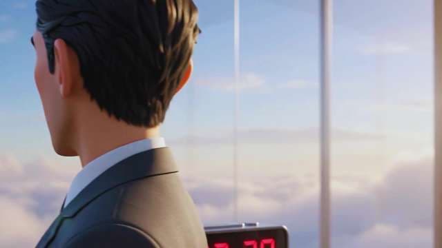 3D Animated Businessman Looking Out Window Over Clouds