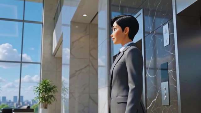 3D Animated Businesswoman in Modern Office Lobby