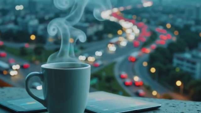 Steaming Coffee Cup Overlooking Busy City Traffic at Dusk