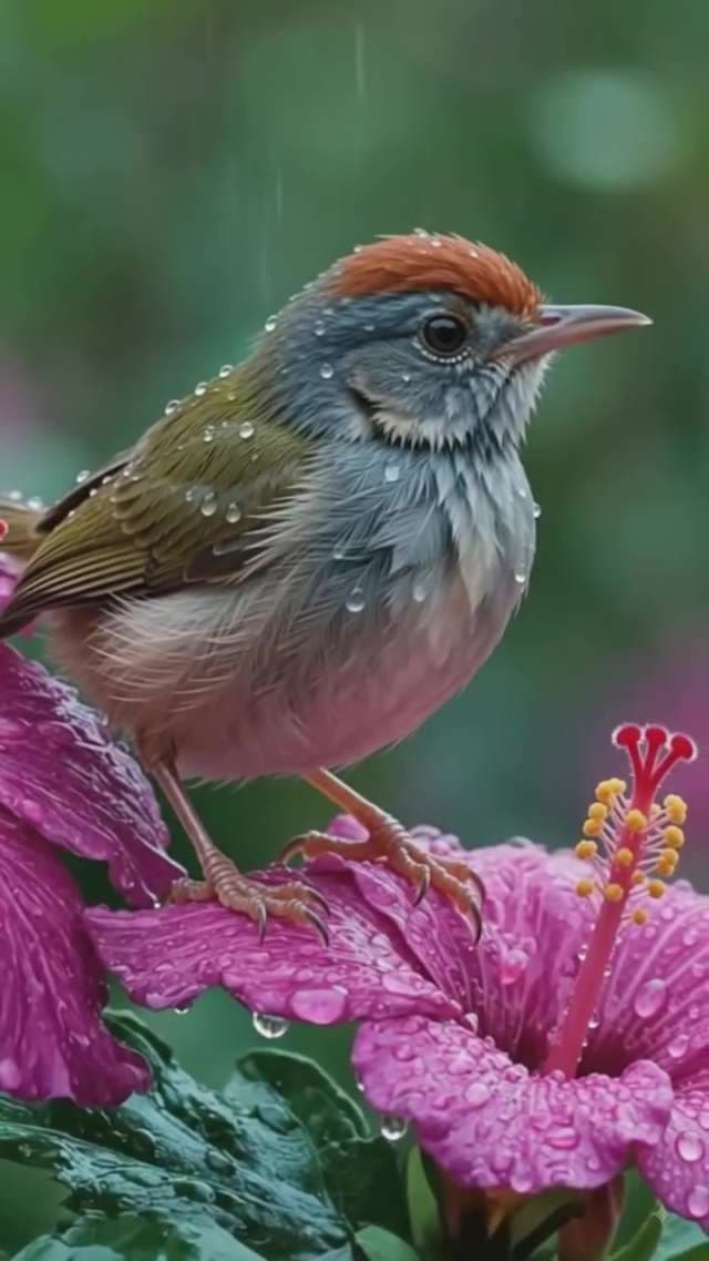 Small Songbird Perched on Pink Hibiscus Flower in the Rain