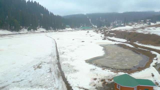 Aerial View of Snow-Covered Valley and Frozen Lake in Gulmarg