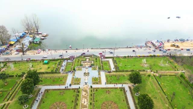 Aerial View of Waterfront Garden and Lake in Srinagar Kashmir
