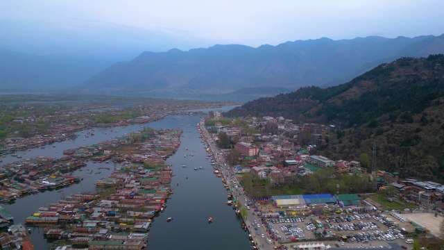 Aerial View of Dal Lake Srinagar Houseboats and Mountains