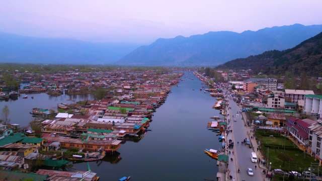 Aerial Twilight View of Dal Lake Houseboats in Srinagar Kashmir