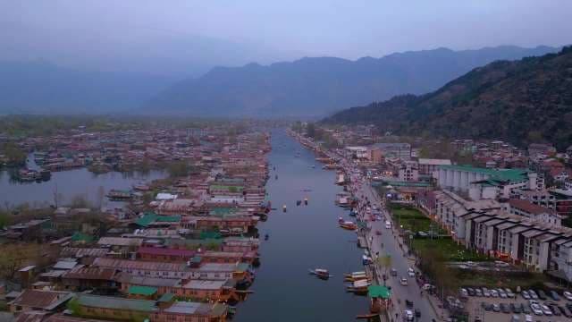 Aerial View of Srinagar Dal Lake and Houseboats at Twilight