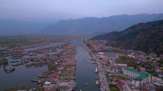 Aerial View of Dal Lake Houseboats in Srinagar at Dusk