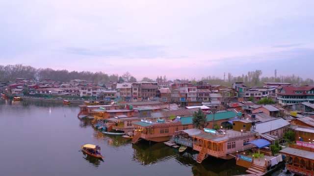 Traditional Houseboats and Shikaras on Dal Lake at Twilight, Srinagar