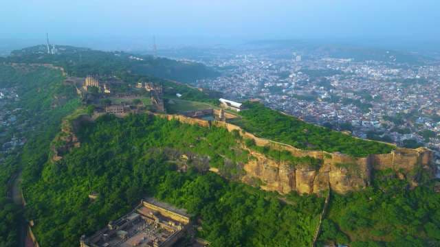 Aerial View of Historic Gwalior Fort and Surrounding Indian Cityscape