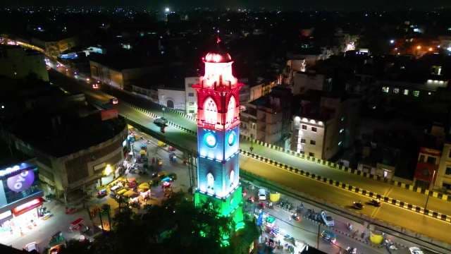Aerial Night View of Illuminated Ghantaghar Clock Tower in Ludhiana India