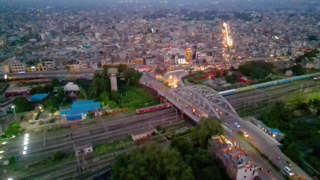 Aerial Evening View of Indian City Traffic and Railway Infrastructure Ludhiana