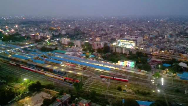 Aerial Drone Shot of Busy Virangana Lakshmibai Jhansi Junction at Dusk