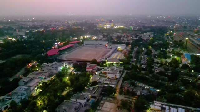 Aerial View of Urban Stadium and Cityscape at Twilight, Ludhiana
