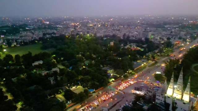 Aerial Drone View of Night City Traffic and Temple, Ludhiana