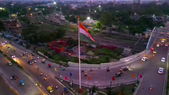 Indian National Flag Flying High Over Ludhiana Traffic Junction