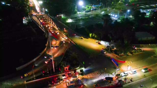 Aerial Night View of Busy Traffic Bridge in Ludhiana