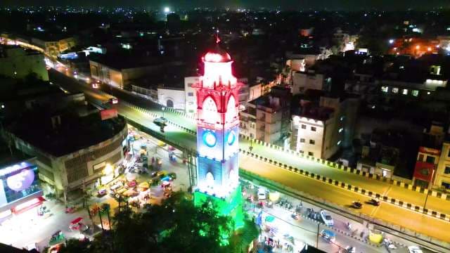 Aerial Night View of Tricolor Illuminated Clock Tower in Ludhiana