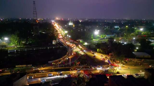 Aerial Night View of Busy City Traffic and Bridge in Ludhiana