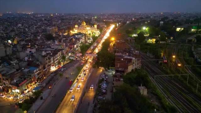 Night Aerial View of Ludhiana Highway and Gurudwara in India