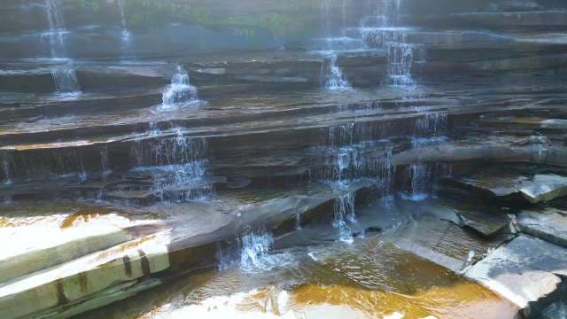 Scenic Multi-Tiered Waterfall Cascading Over Layered Rock Ledges