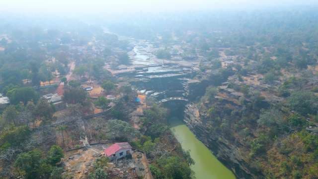 Aerial View of Misty Rocky Canyon and Cascading River, Rajdari and Devdari Waterfall, Chandauli, Uttar Pradesh