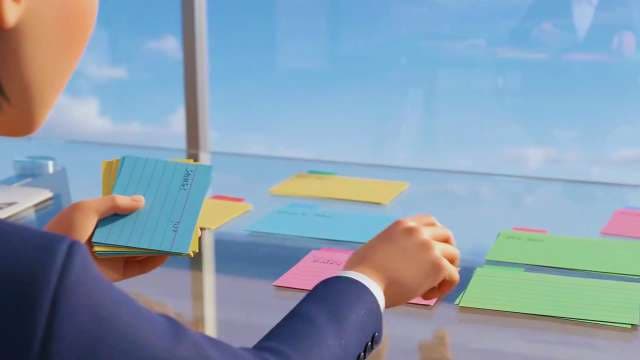 Animated Business Professional Organizing Colorful Index Cards in Modern Office