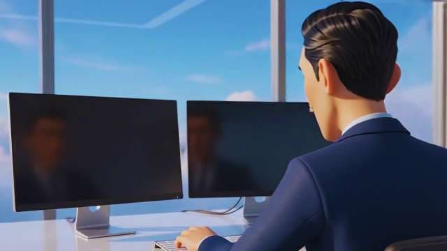 3D Animated Businessman Working at Dual Monitors in Bright Modern Office