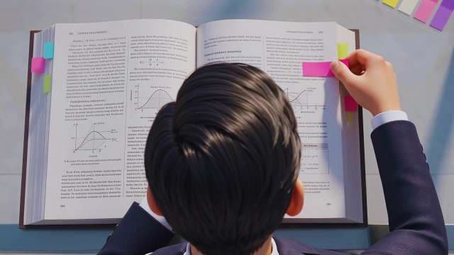 Animated Student Studying Large Textbook with Colorful Sticky Notes