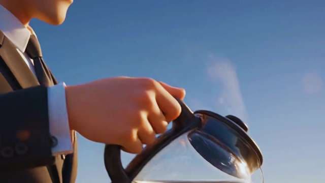 Businessman Holding Steaming Coffee Pot Against Blue Sky
