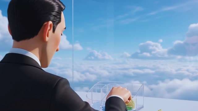 3D Animated Businessman Working in Office Above the Clouds
