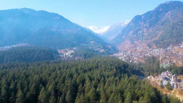 Aerial Scenic View of Manali Valley and Himalayan Mountain Peaks